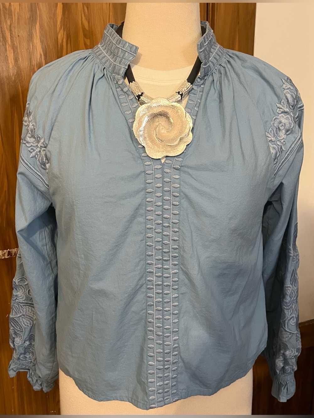 Light Blue Embroidered Peasant Blouse - Women